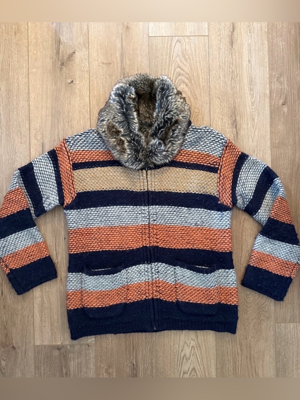Sparrow (Anthropologie) Striped Knit Zip Up Sweater with Faux Fur Collar size L